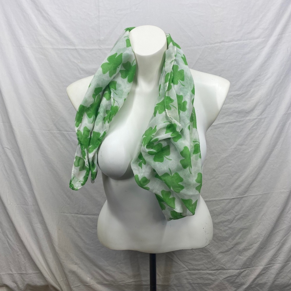 Green Shamrock Four Leaf Clover Print Square Sheer Scarf St Patricks Day Irish